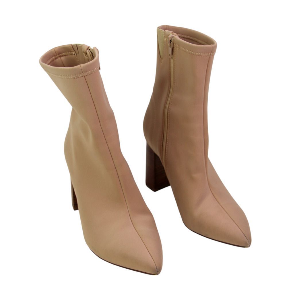 Jeffrey Campbell BEIGE ELASTIC NYLON HIGH HEEL POINTED ZIP SIDE ANKLE BOOTS Sz 6